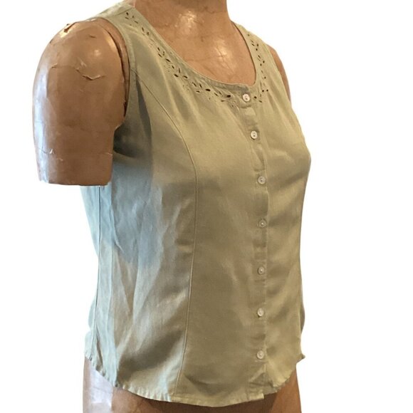 Linen Blend Sleeveless Button Up Top Eyelet Cutouts Neck S by Cherokee #1P - Picture 6 of 8